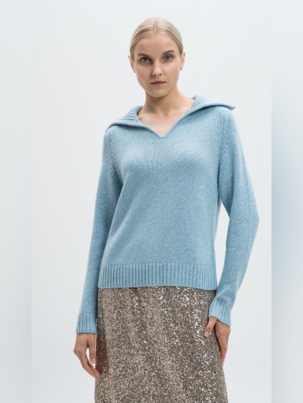 Allude Blue Melange 100% Cashmere Collared V Neck Sweater Medium